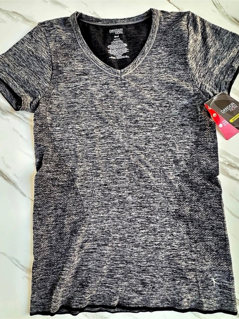 Danskin Fitted Seamless Short Sleeve Tee V-Neck Performance Tee in Gray & Black